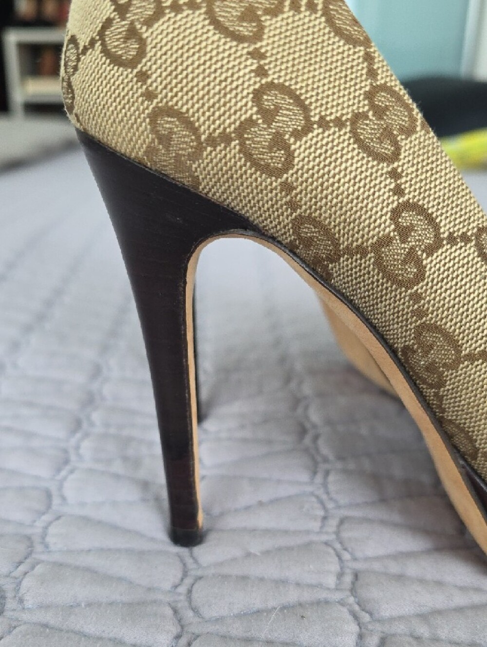Gucci Brown GG Canvas Peep-Toe Heels with Gold Horsebit - Picture 10 of 12